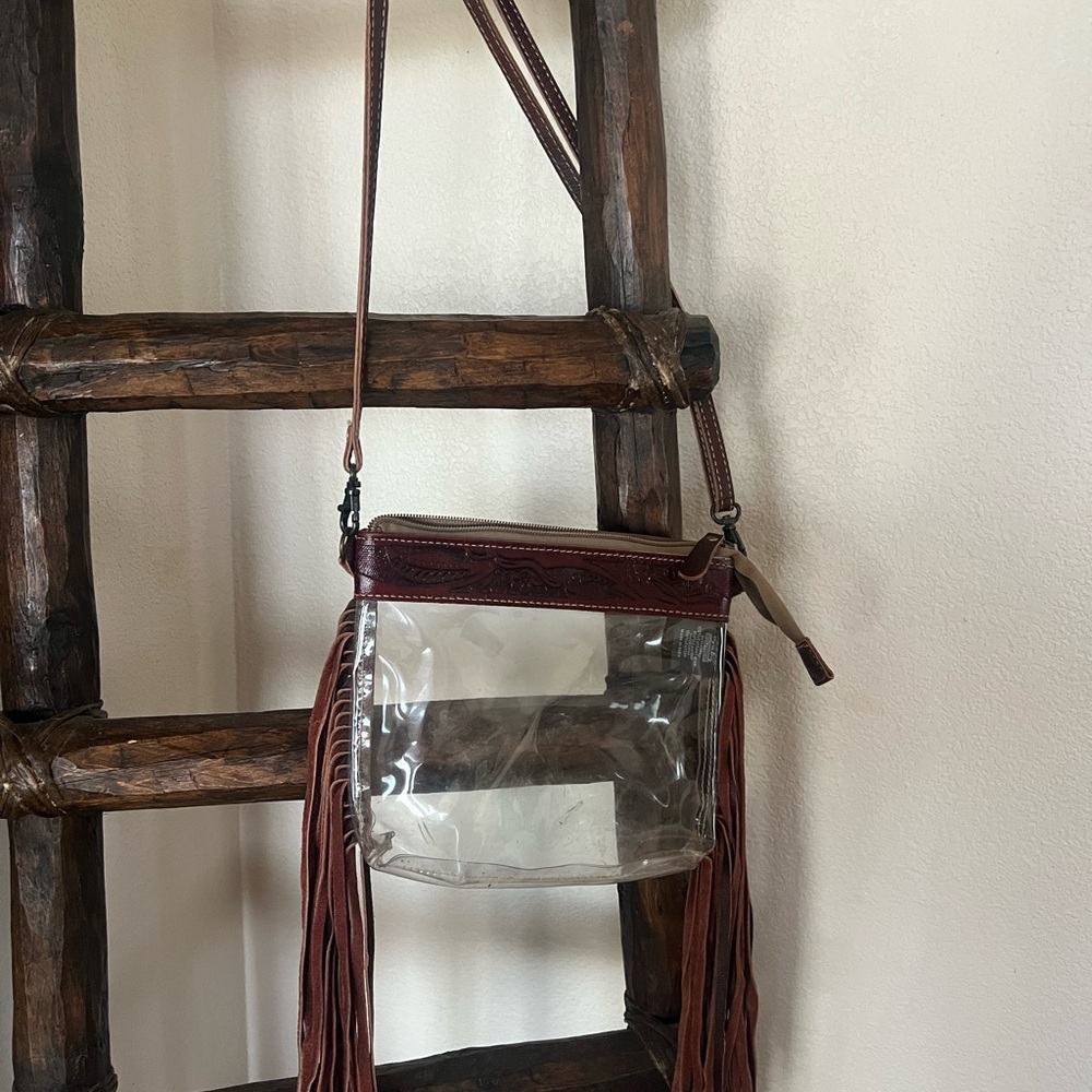 Myra Bag- Clear and Brown Fringe Crossbody Bag